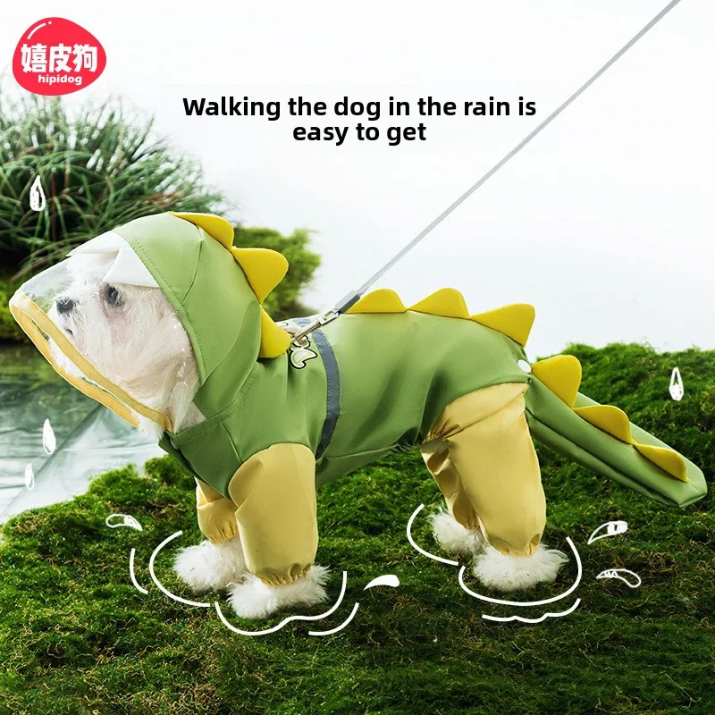 Waterproof Three-dimensional Dinosaur-shaped Dog Raincoat with Tail Design, Four-legged Rain Poncho for Teddy