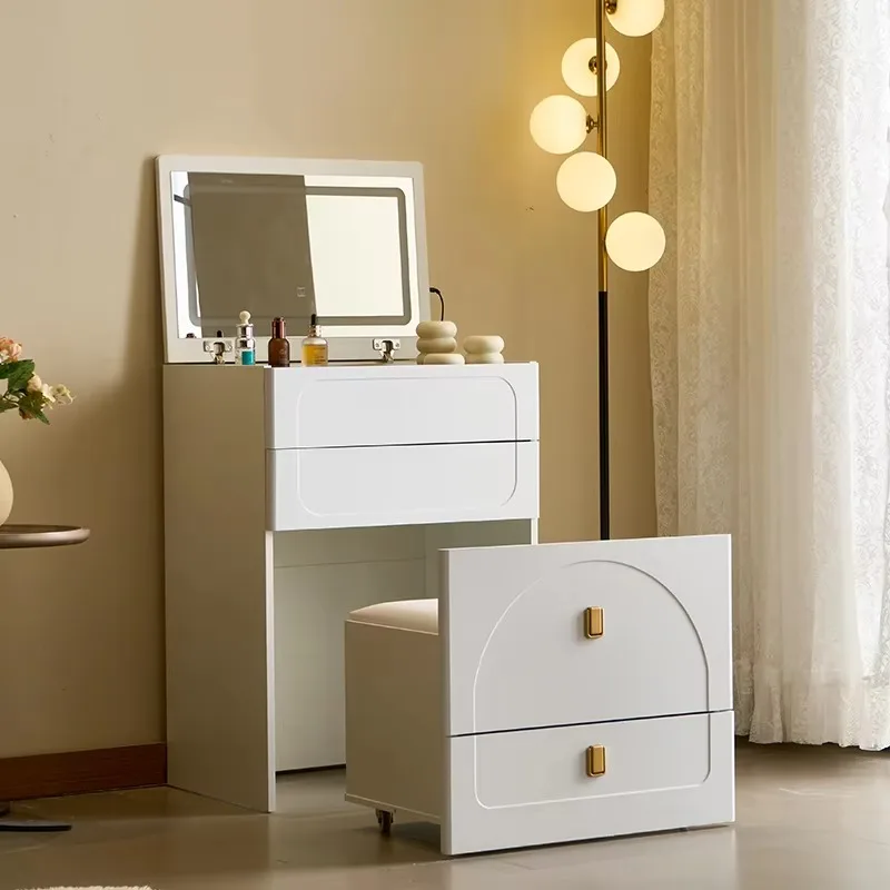 Custom White Dressing Table Designs with Mirror and Drawers and Stool Vanity Makeup Table Set Modern MDF Wooden Dressing Table