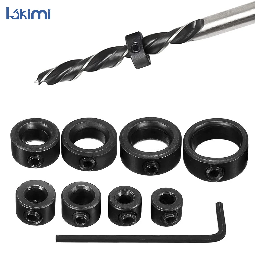 Adjustable Drill Depth Stop Collar Set - Bit Positioner Limit Ring with Allen Wrench and Tightening Stopper Screws LA-AA98