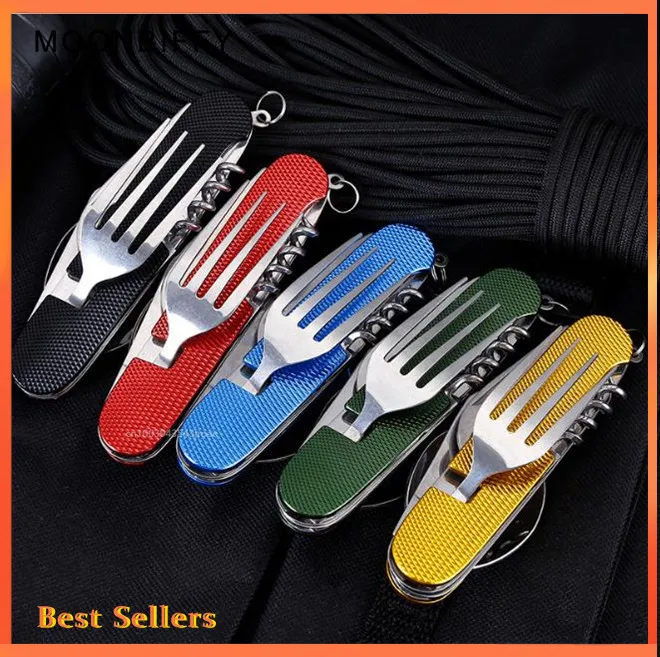 Ensemble de couteaux pliants et fourchettes de Camping multifonctionnel, combinaison de Six articles de table ouverts, couteau cadeau Portable d'extérieur