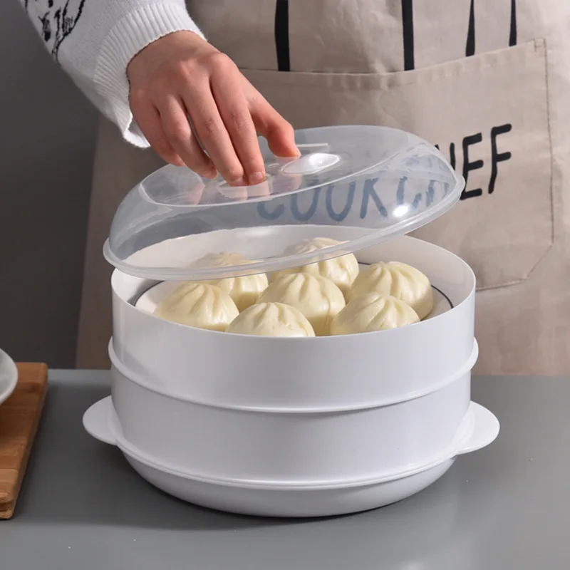 1/2-Layer Round Microwave Oven Steamer for Dumplings Plastic Food Tray Rice Cooker Steaming Grid Kitchen Cooking Accessories