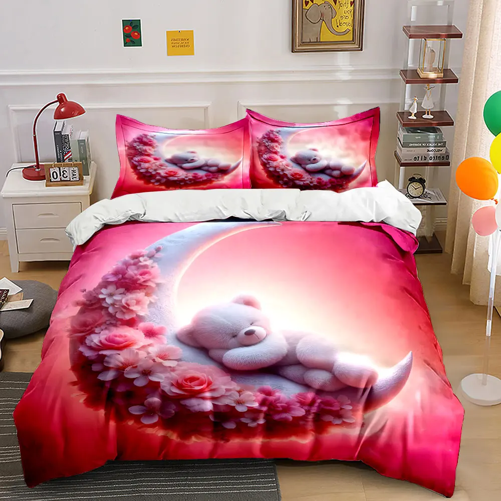 Dreamy Moon and Floral Bear Bedding Set for Kids Luxury Gift 3pcs Digital Print Comforter Set Soft Comfortable Breathable