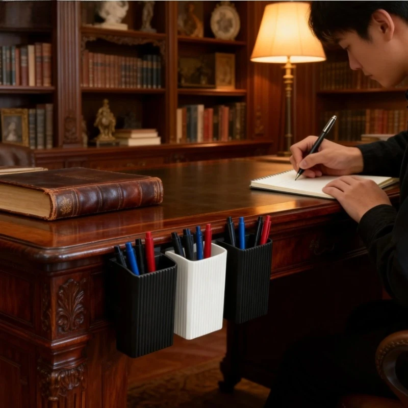 No-Drill Clip-On Pen Holder - Adjustable Heavy-Duty Desk Clip for 1-3.5cm Edges,Solid Color Pencil & Marker Organizer for Office
