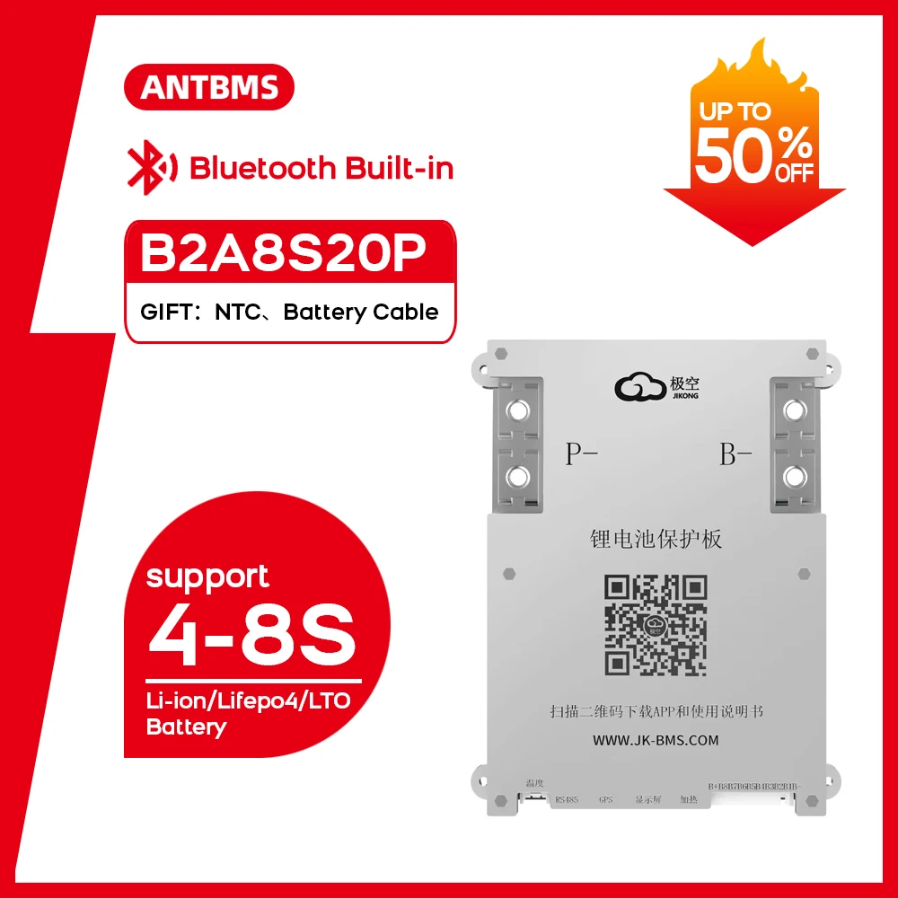 JK JIKONG B2A8S20P Smart Active BMS 4-8S Li-ion Lifepo4 LTO 12V 24V Battery 2A Balance Current 200A Charge Discharge Battery BMS