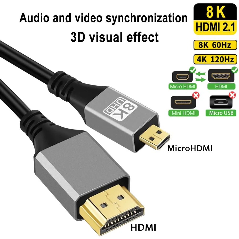 8K 60Hz Micro HDMI to HDMI Bi-Directional Cable  48Gbps 4K 120Hz hdmi2.1 adapter for Canon EOS R5/R5 C Sony Camera TV Monitors