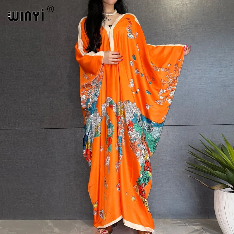 Sexy bech high-quality hand-rolled feel silk rayon fashion print 2023 WINYI Maxi women's robes long beach V-neck Bohemian dress