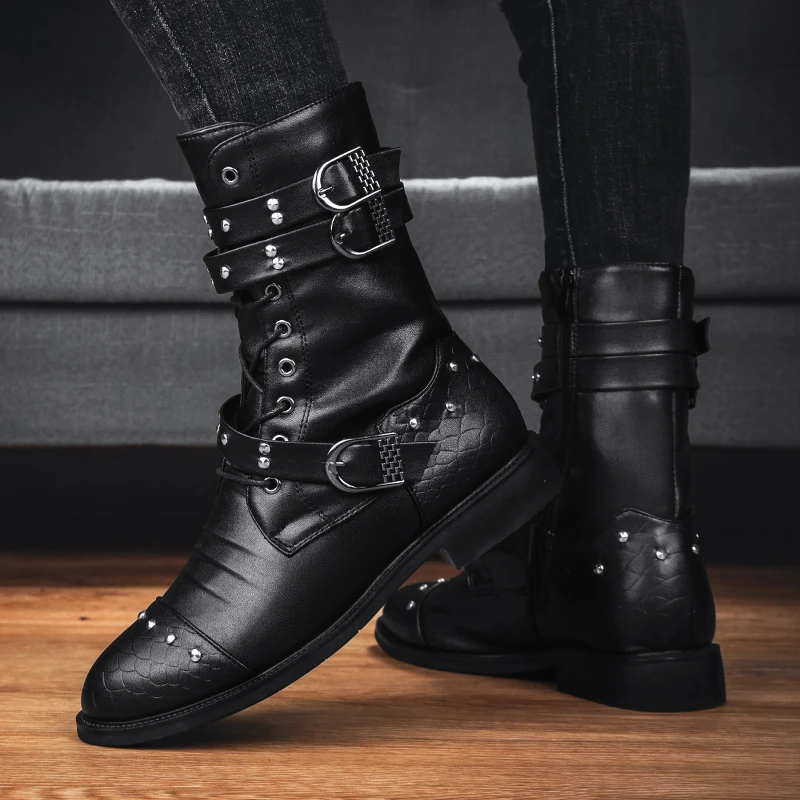 Men Boots Rivet Combat Boots Mens Vintage Cowboy Boots Punk Goth Biker Shoes PU Leather Outdoor Motorcycle Tactical Army Boots