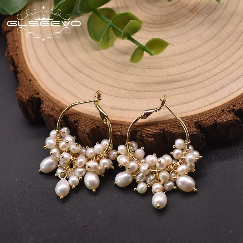 GLSEEVO Natural  Freshwater Pearl White Hoop Earrings For Woman Weddings Original Design Handmade Fine  Jewelry GE0993A