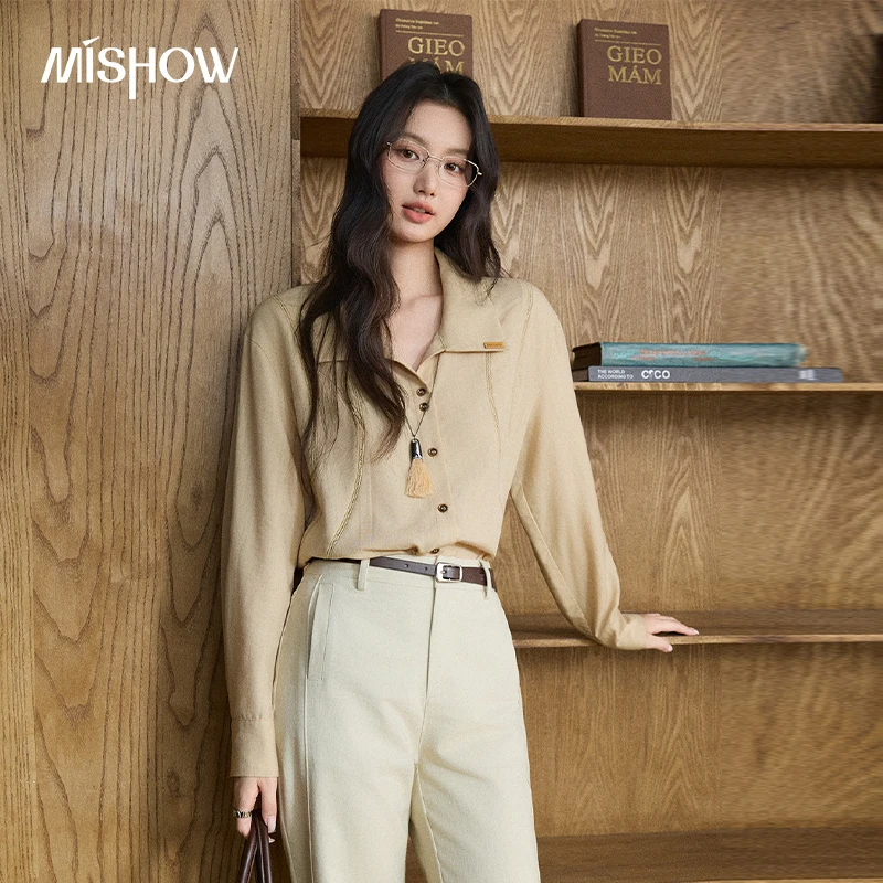 MISHOW Women's Blouses Spliced Hollow Out Convertible Roll Up Sleeve Shirt 2026 Autumn New Commuter Designer Clothing MXF47C2609