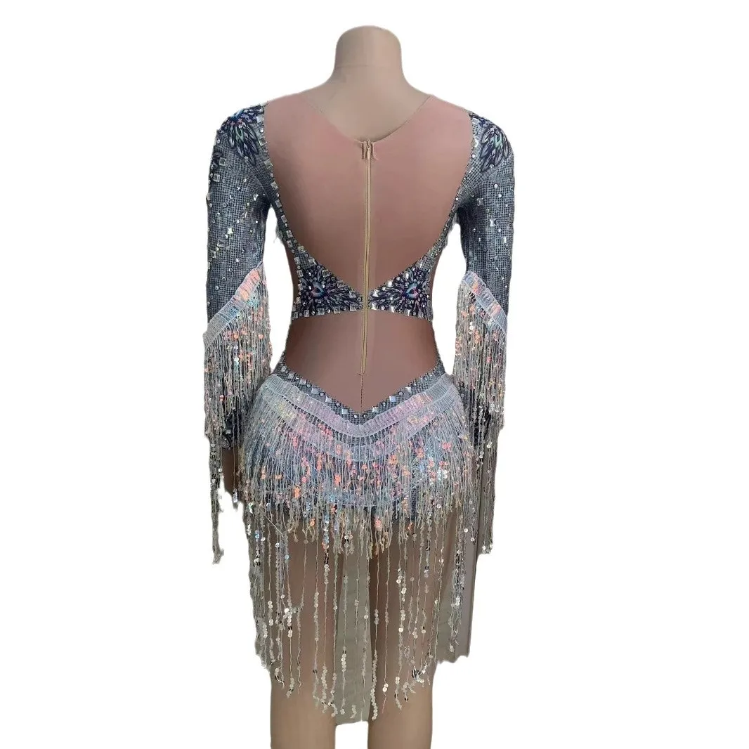 Costume Silver Sequins Tassel Diamond Unique Design Women's Clothing Long Sleeves Loose Robe De Soirée Femmes Robes Bal De Promo