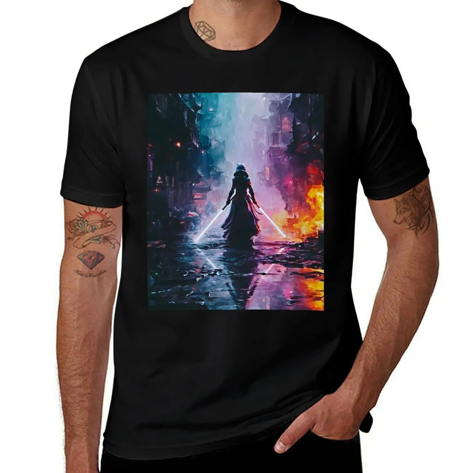 

Sci-Fi Warrior in a Cyberpunk City T-Shirt blue lock cute clothes tees tops clothes for men