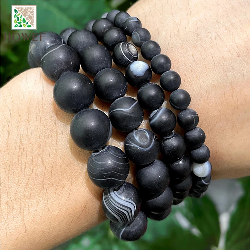 Natural Stone Matte Banded Lace Black Stripe Agates Onyx Beads for Jewelry Making Diy Bracelet 15\