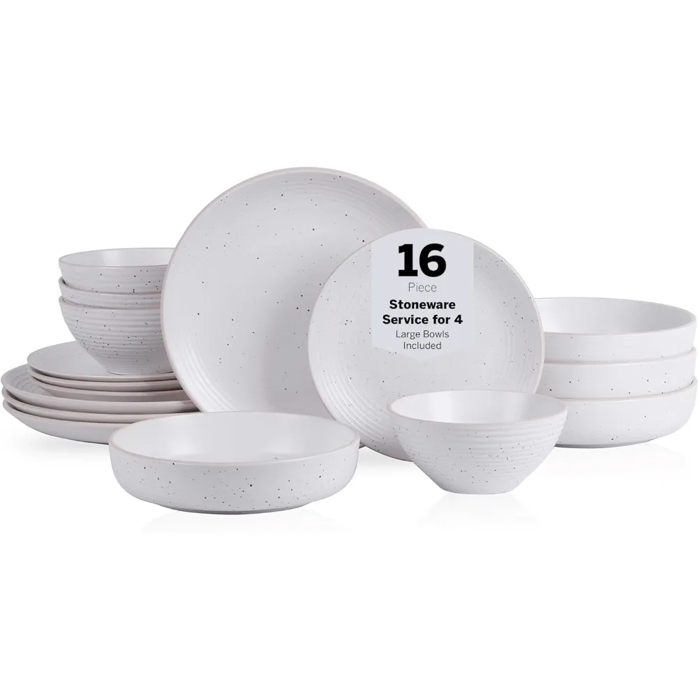 

Набор столовой посуды из керамогранита в деревенском стиле на 4 человек, крапчато-белый цвет, можно мыть в посудомоечной машине и в микроволновой печи.