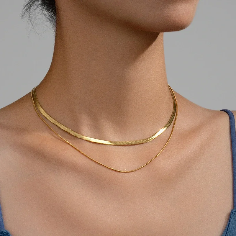 New Unisex Flat Snake Chain Choker Necklace Unisex Stainless Steel Herringbone 18k Gold Plated Choker Fashion Jewelry Gift