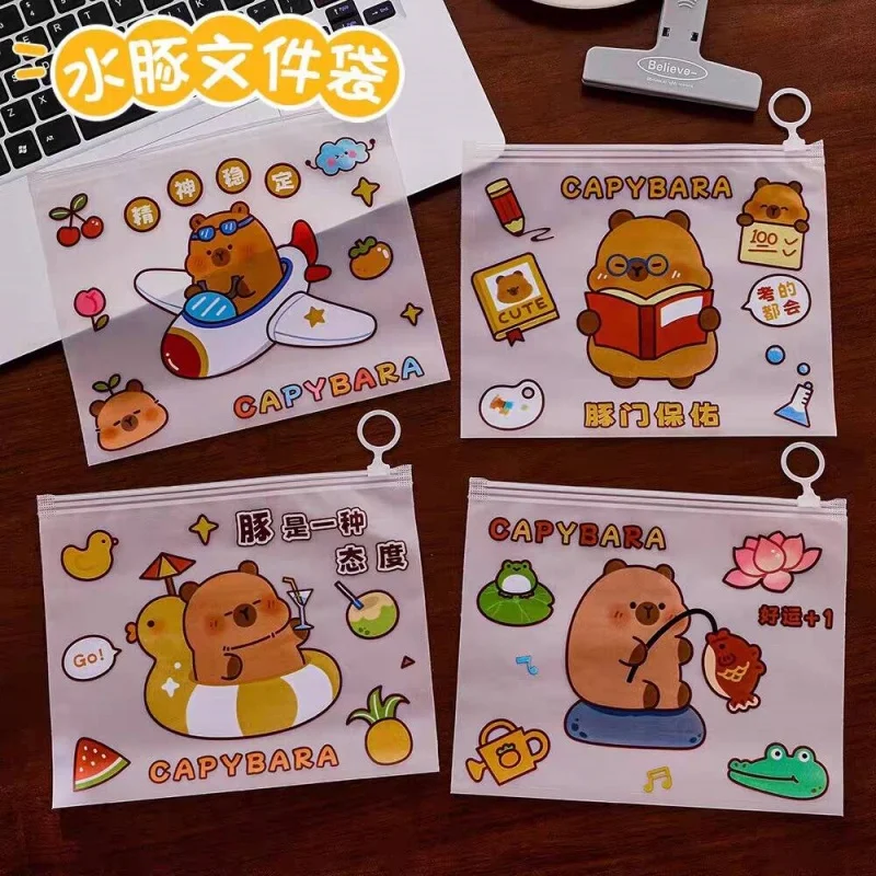 

40pcs/lot Cartoon Capybara File Holder Cute Transparent Ring Document Bag Pencil Case Stationery Pouch Office School Supplies
