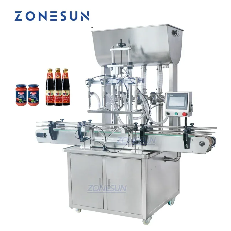 ZONESUN التلقائي الأناناس المربى لصق آلة تعبئة وتغليف 4 رؤساء الغذاء زبدة الفول السوداني لزج السائل حشو ZS-YT4T-4P