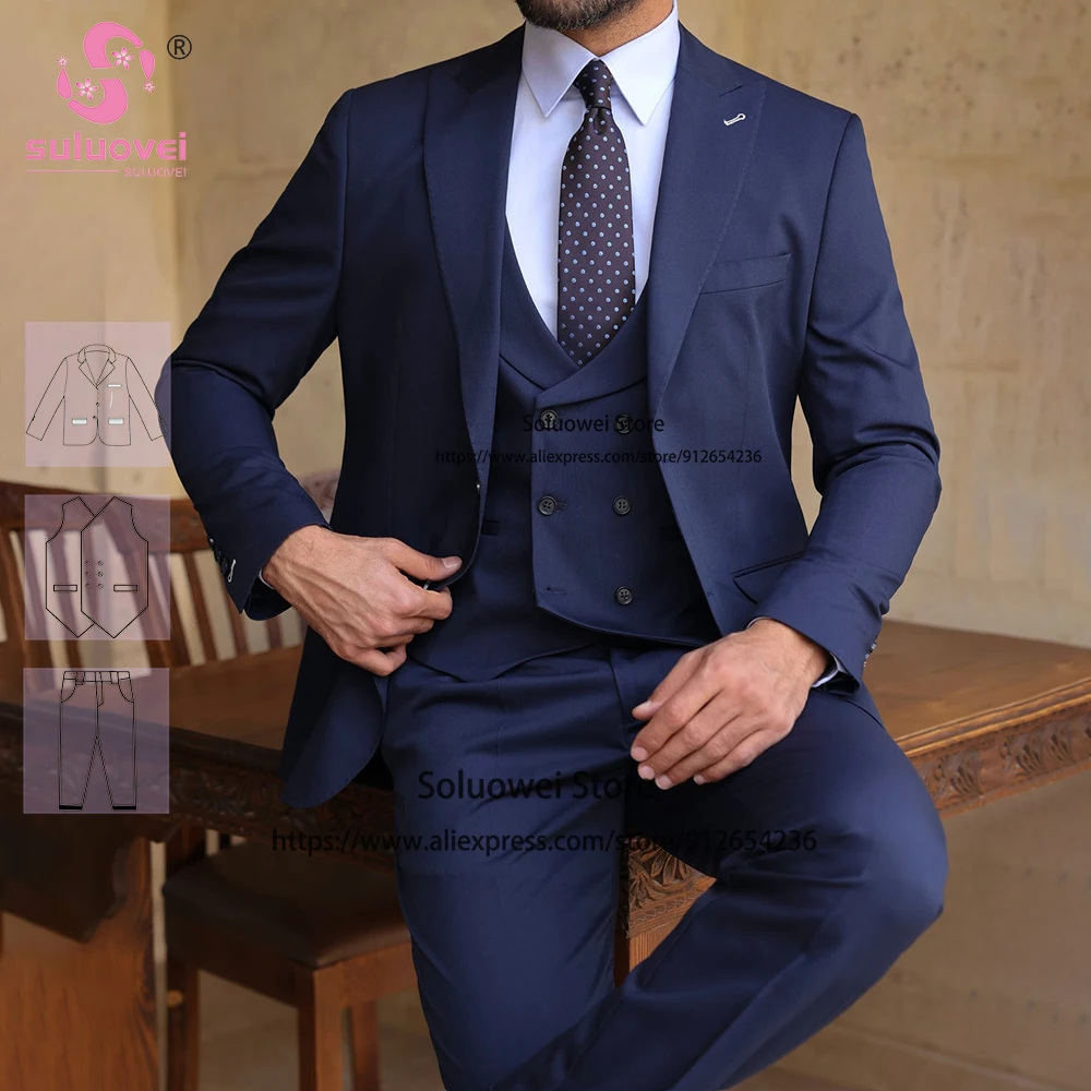 

Fashion Navy Blue Suits For Men Slim Fit Business 3 Pieces Pants Set Formal Grooms Wedding Peaked Lapel Tuxedos Blazer Masculino