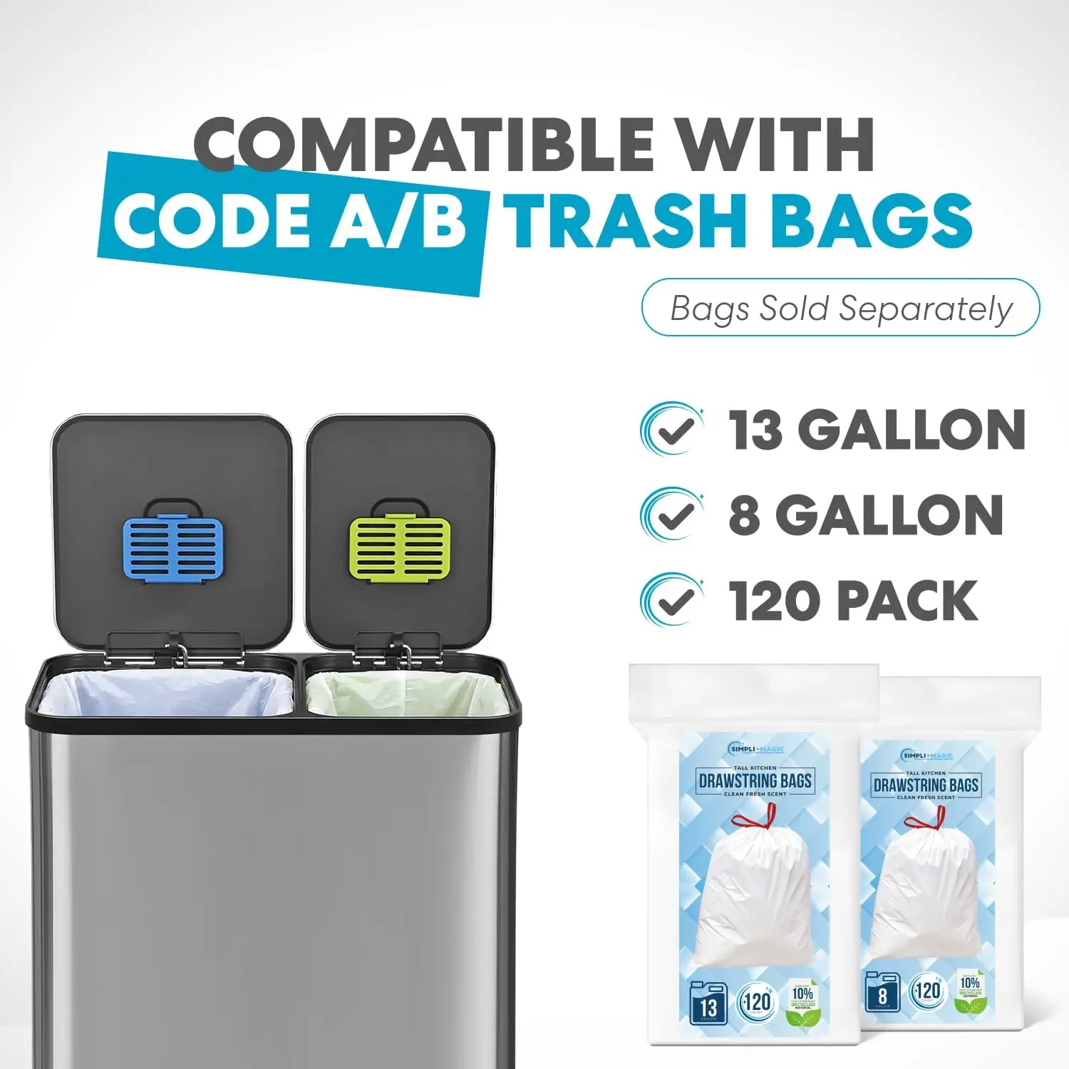 ^18.5 Gallon (40L x 30L) Dual Compartment Step Trash Can - Kitchen Garbage Can with Waste & Recycling Bins - Slow-Close Lid