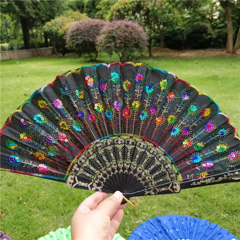 Spanische faltbare Spitze schwarz Kunststoff bestickte Pailletten Hand Fans Frauen tanzen Leistung faltbare Fan Hochzeit Dekor Handwerk Geschenk