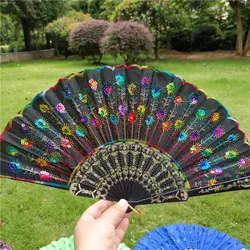 Spainish Folding Lace Black Plastic Embroidered Sequins Hand Fans Women Dance Performance Foldable Fan Wedding Decor Craft Gift