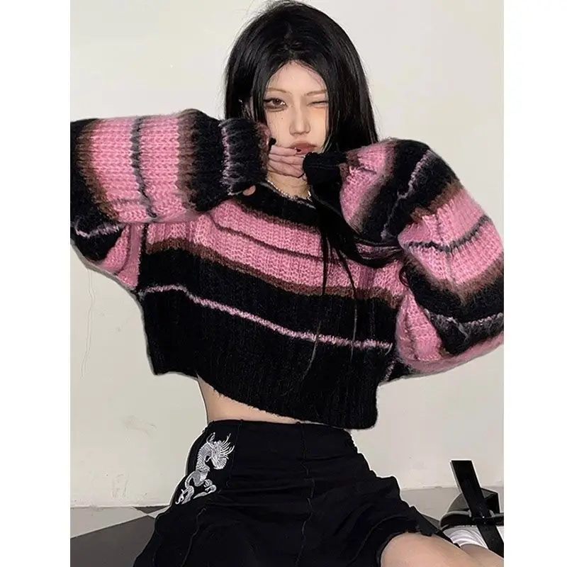 Contrast Striped Knitted Pullover Retro Sexy Autumn And Winter New Long-Sleeved Short Sweater Harajuku Special Casual Sweater