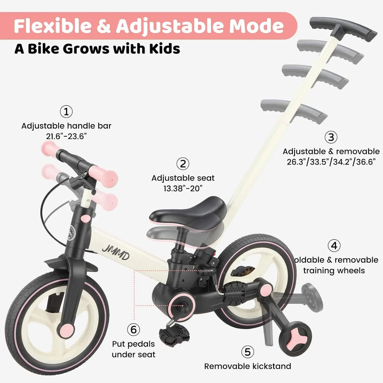 Toddler Bike with Push Handle for Kids 18-60 Months, 6 in 1 Foldable Push Bike with Training Wheels, Pedals, Brakes, Kickstand,