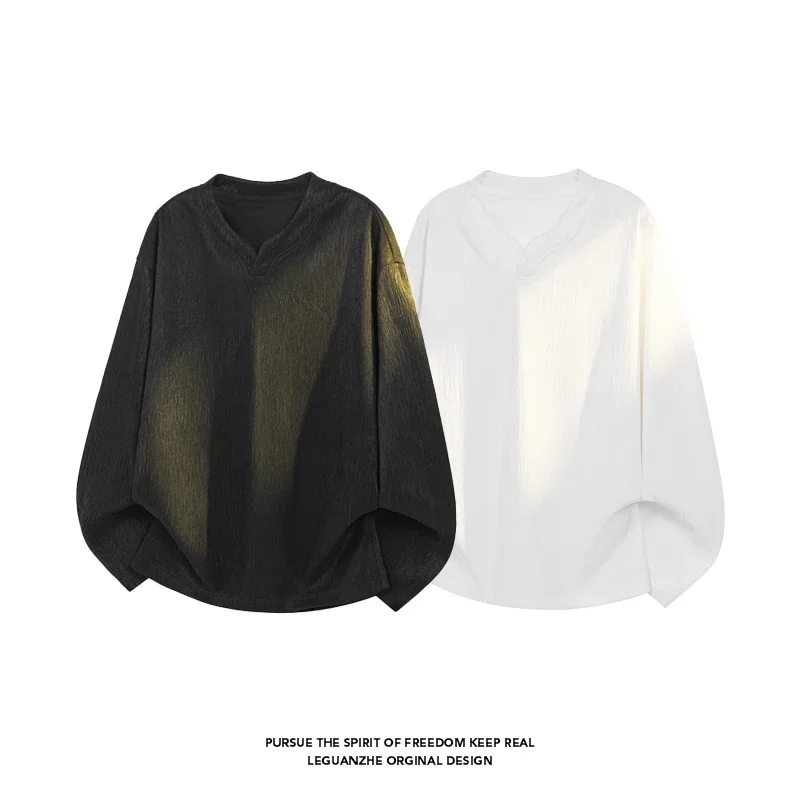 Men Wrinkle Textured Notched V Neck Long Sleeve Top Soft Breathable Fabric For Youth Minimalist Streetwear Fashion
