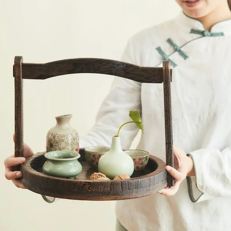 

Solid Wood Vintage Hand Basket for Hotel Homestay Food Box Japanese Tea Ceremony Storage Tray Desktop Decoration Fruit Baskets