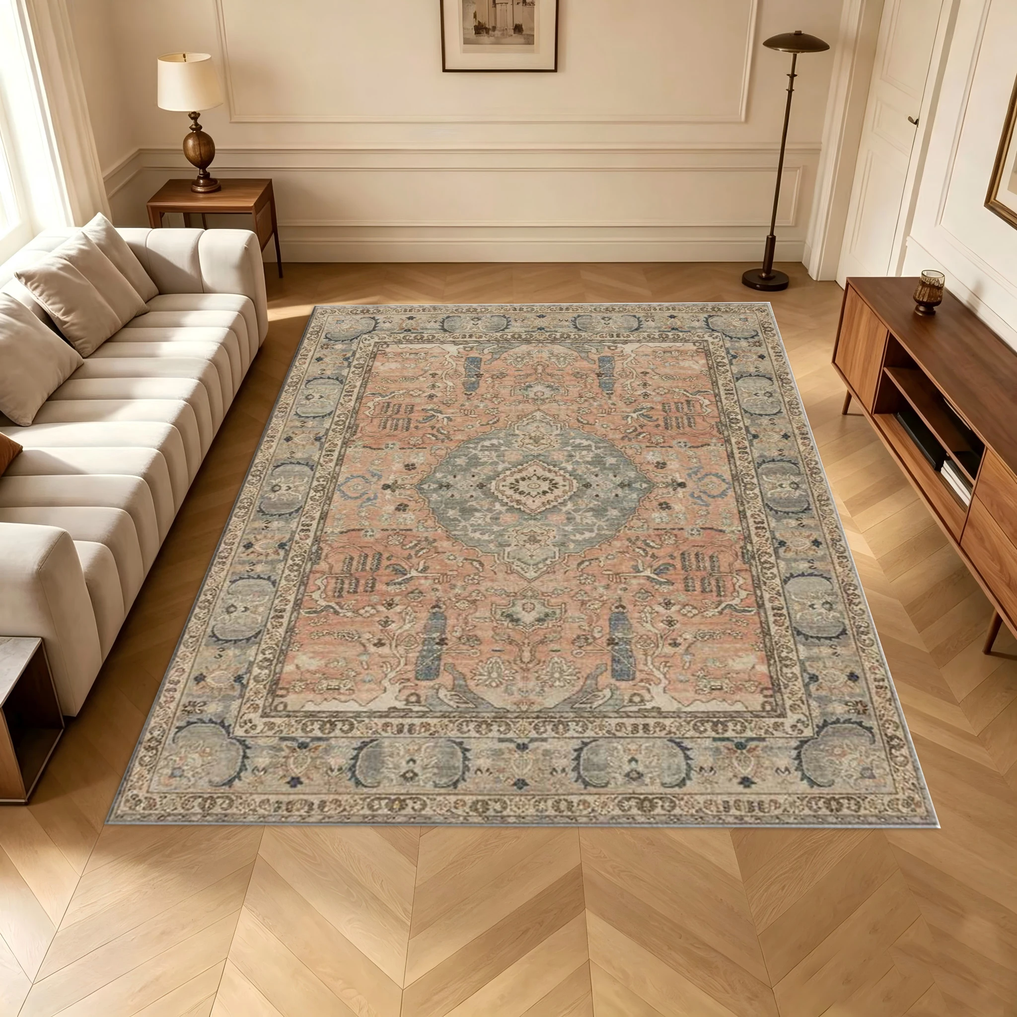 Distressed Oushak Style Area Rug Pink Peach Vintage Medallion Oriental Floor Carpet for Living Room Bedroom Office Home Decor
