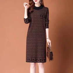 New Retro long Knitted Dress Autumn Winter Warmth Wool Skirt Slim Korean Long Sleeves Grace Female Fashion Pullover Dresses 6XL