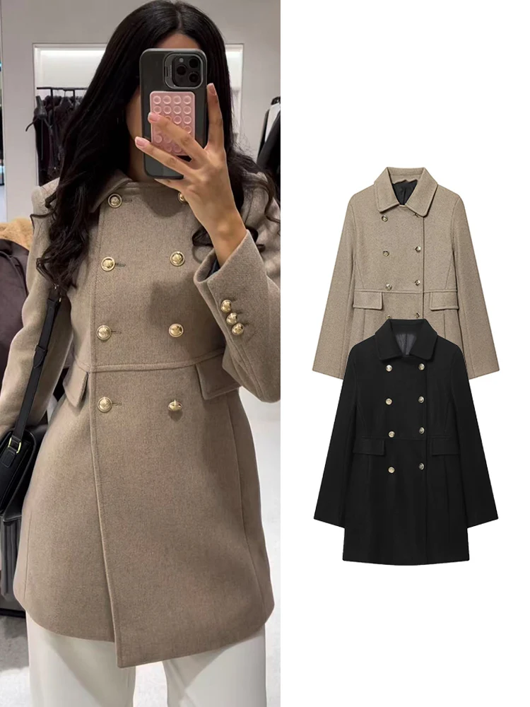 

TFMLN 2025, зимнее новое женское модное простое шерстяное пальто, элегантное облегающее теплое пальто с воротником с лацканами, мягкое двубортное шерстяное пальто