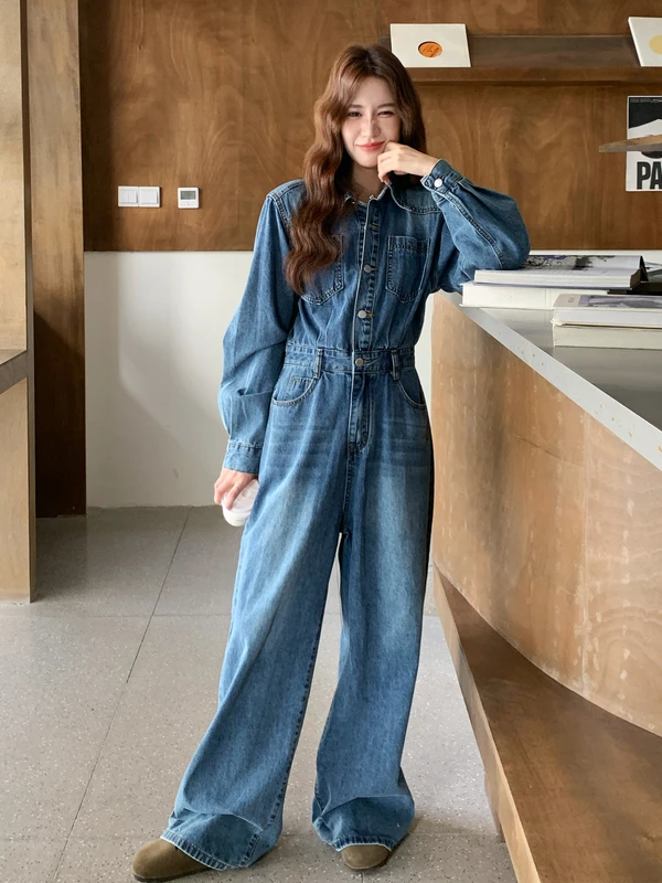 Mono vaquero azul dulce y fresco para mujer, pantalones de pierna ancha informales, pantalones largos de cintura alta, para ir al trabajo, exclusivos en línea