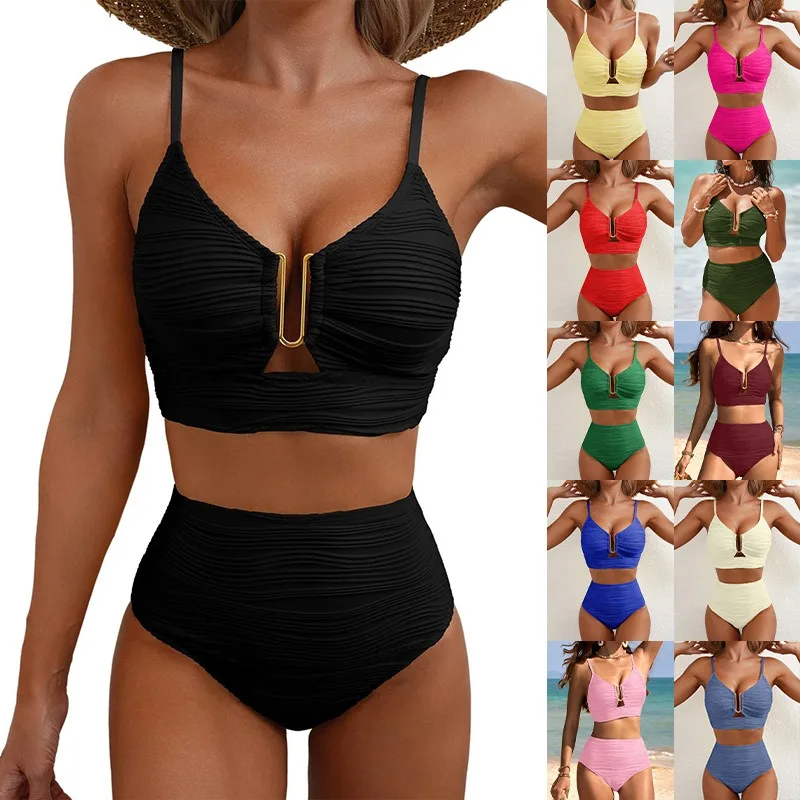 

New Women's Bikini Set Metal U Neck Hollow Out Push Up Two-Piece Swimwear High Waisted Tummy Control Ruched Bathing Suit Biquini