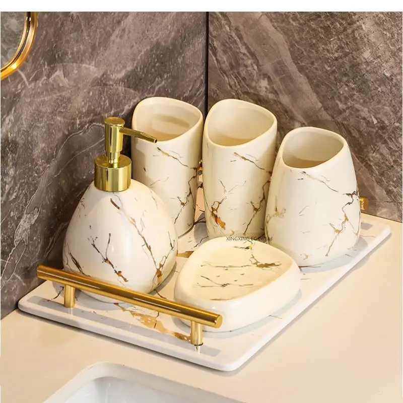 Platinum Marble Texture Bathroom Decoration Accessories Toothbrush Holder Toothpaste Dispenser Soap Dish Storage Tray