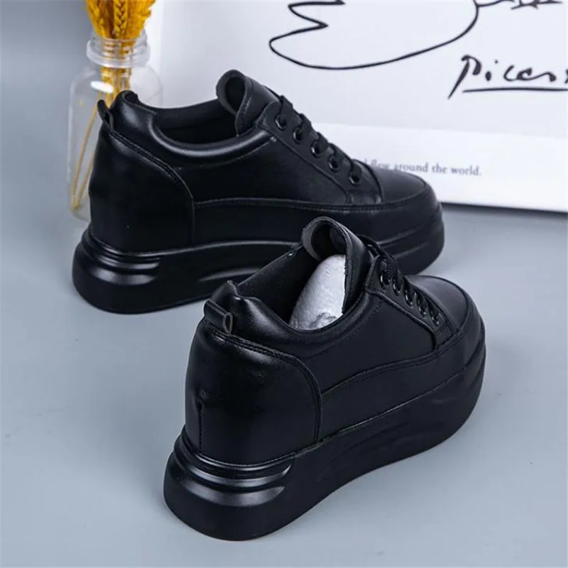 Hidden Heels Women Platform Wedge Sneakers Ladies Leather  White BLACK Shoes Female Tenis Feminino Casual 40