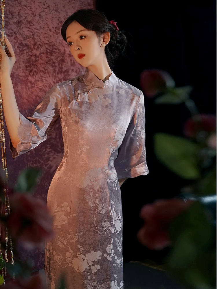 

Purple New Chinese Sle Long Dr Retro Sle Slant Collar Seven Sve Daily Wear Polyester Fiber Gown