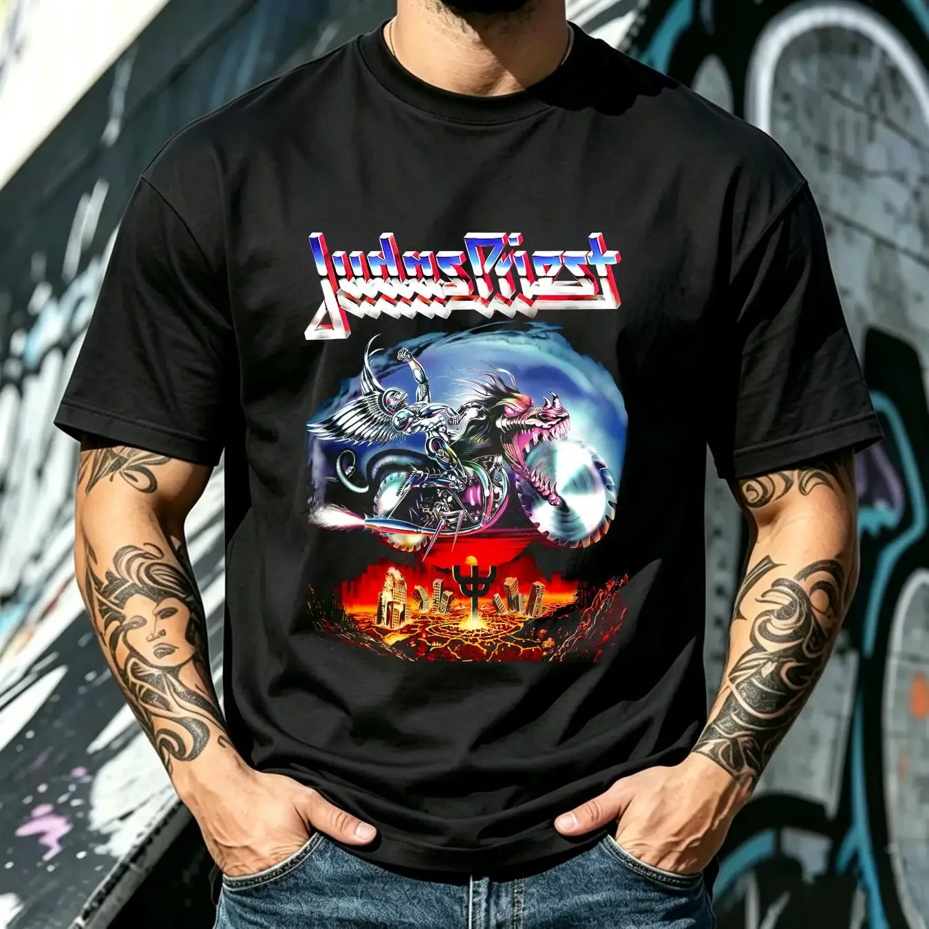 washed T Shirt 1990 JUDAS PRIEST PAINKILLER RARE BLACK 1M255 long or short sleeves vintage Washed streetwear Slightly graphic