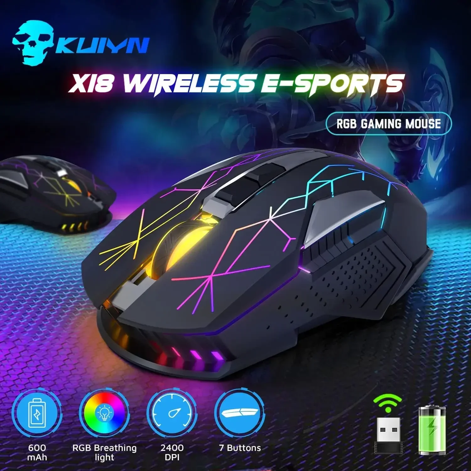 FREEWOLF X18 Wireless Gaming Mouse 2.4G 7 RGB Light 2400 DPI 600mAh Intelligent Power Saving Silent Click USB Receiver Optical