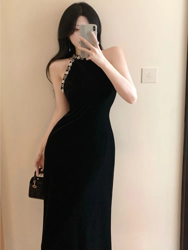 Luxury Midi Dress Women Off Shoulder Flash Diamond Velvet Dresses Elegant Evening Gown Party Fashion Vestidos Spring Autumn