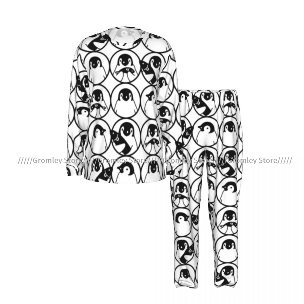 Men's Pajama Set Long Sleeve and Long Pants Penguin Pattern Soft Sleepwear for Home