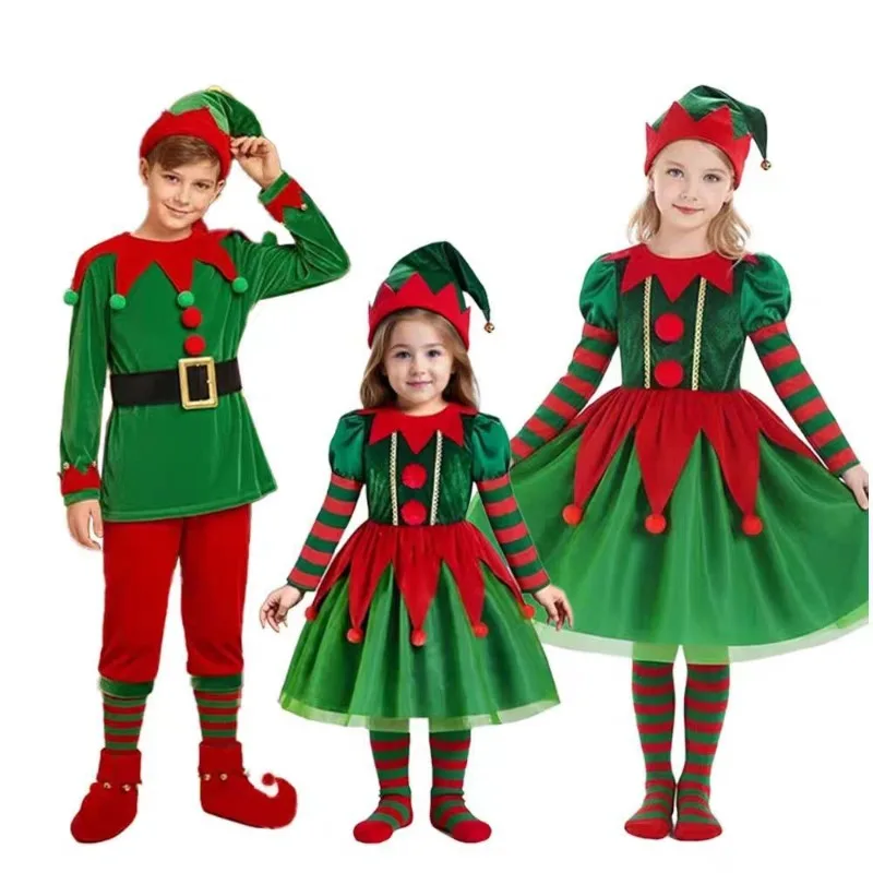 Weihnachtself Cosplay Kostüm für Jungen Mädchen Rot Grün Santa Helfer Outfits Festliche Party Performance Kleid Weihnachten Cos Uniformen