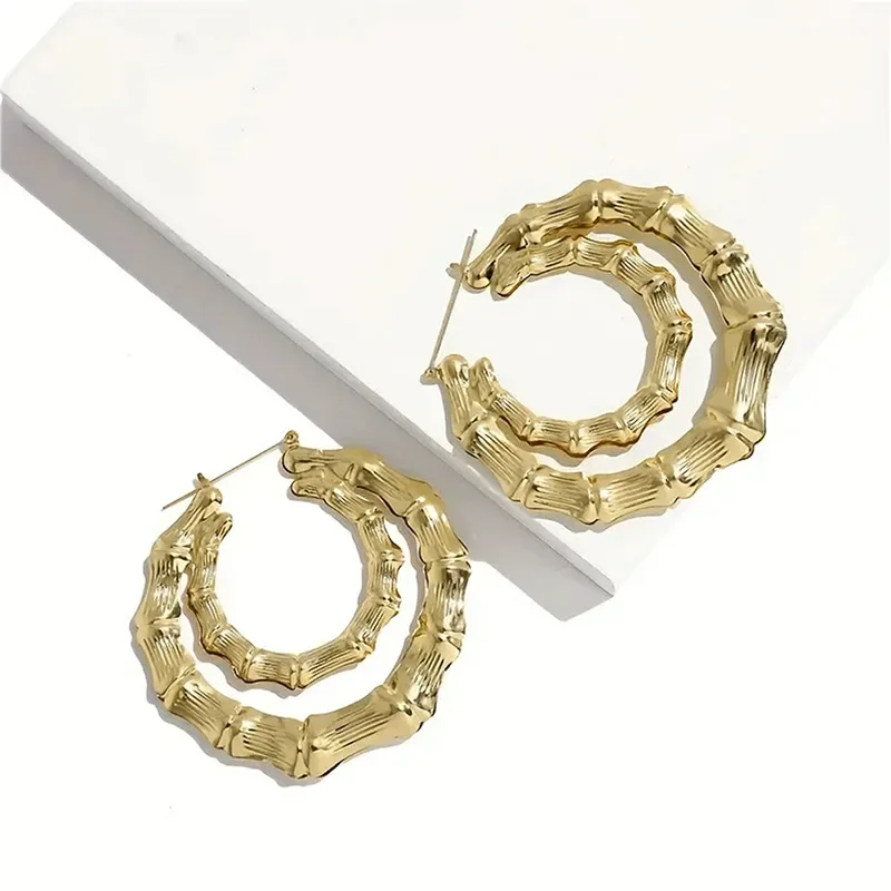 2026 New Double Layered Open Loop Earrings with Advanced Design and Bamboo Like Elegant Countryside Style Large Earrings