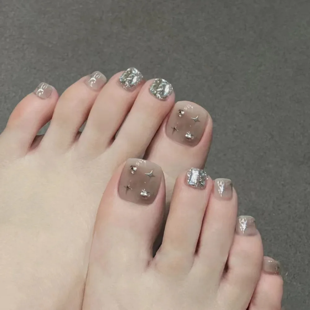 24Pcs Glitter Press on Nails Butterfly Designs Short Square Fake Nails for Foot Decorations Women Summer Beach DIY False Nail