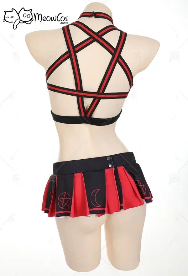 Meowcos Frauen Mädchen Cheerleader Cosplay Kostüm Lingrie sexy Gothic Nachtwäsche Set rot Pentagramm Design Top BH und Rock Set