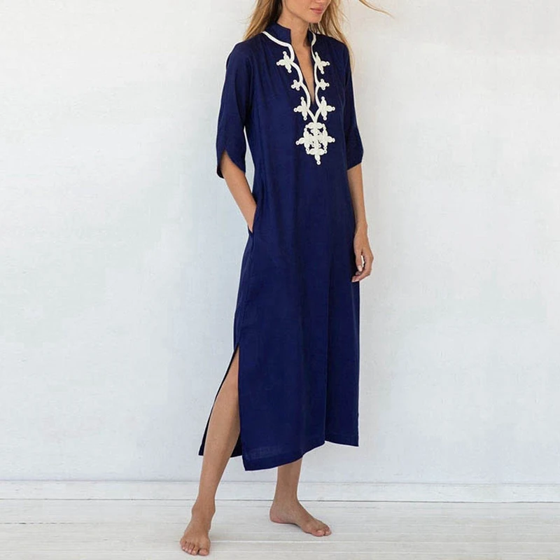 Navy Blue Elegant Dress Half Sleeve A-Line Shape Embroidery V-Neck Maxi Dresses Women Delicate Party Gown Comfy Rayon Long Kurta