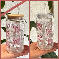 Transparent Glass Tumbler Pink Bow Flower Sticker Drink Juice Cup Suitable For Hot And Cold Drinks In Summer