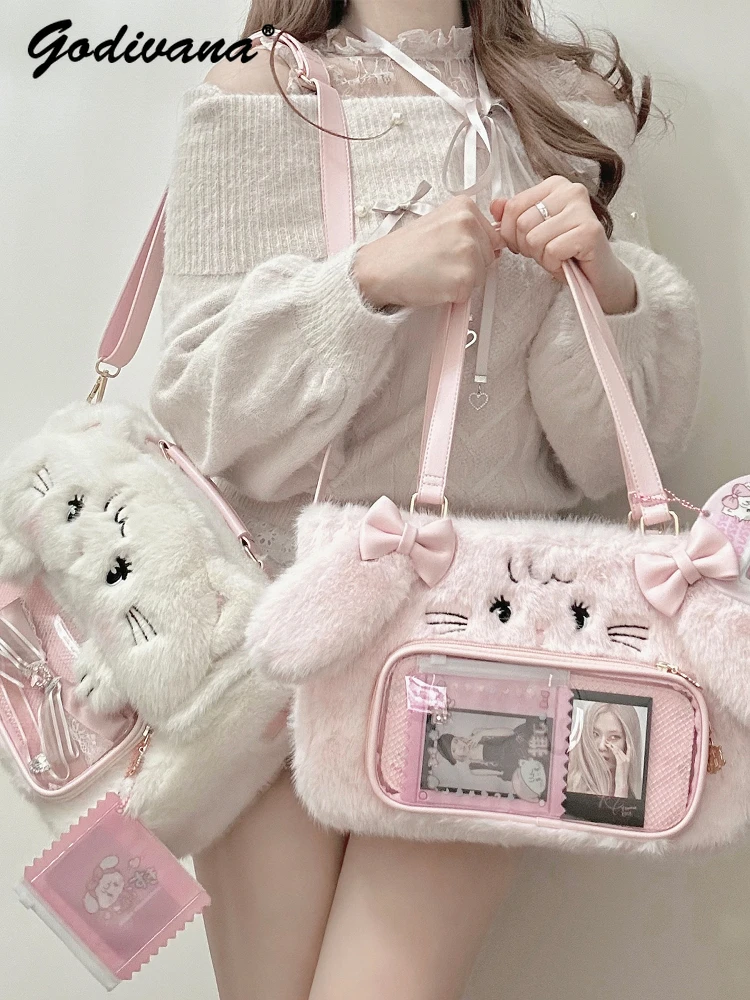 Original New Winter Sweet Girls Cute Rabbit Cat Plush Ita Bag Large Capacity Women's Protable Shoulder Bags Totes Backpacks