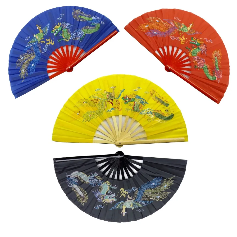 

4PCS 13inch Chinese Tai Chi Martial Art Kung Fu Bamboo Dragon and Phoenix Fan