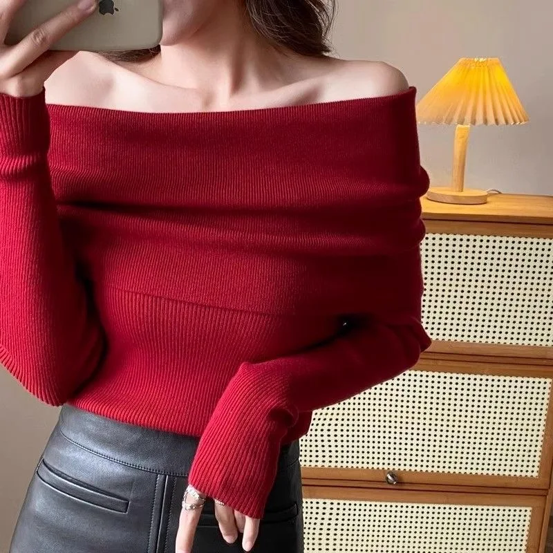 Elegant Lazy Shoulder Bared Knitted Sweater Women's Sexy Base Shirt Wine Red Long Sleeve Princess Sleeve One Shoulder Design
