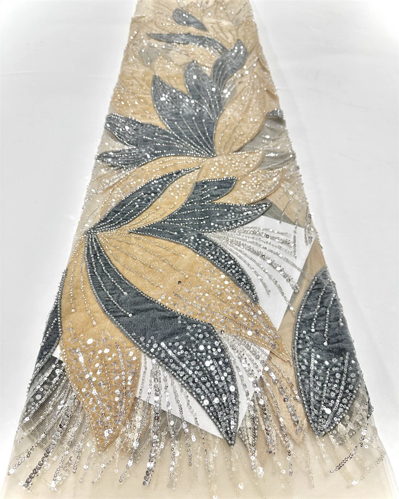 Luxury African Beaded Pearl Velvet Lace Fabric High-Quality Nigerian Sequins for Party Dress Sewing